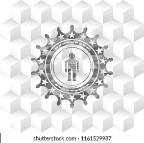 robot icon inside retro style grey emblem with geometric cube white background