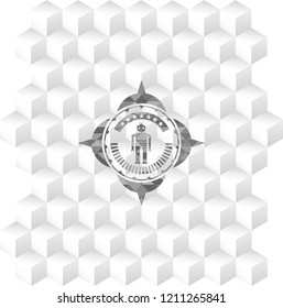 robot icon inside retro style grey emblem with geometric cube white background