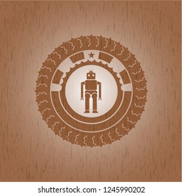 robot icon inside retro style wooden emblem
