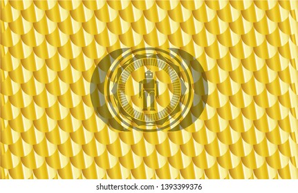 robot icon inside shiny golden badge. Scales pattern. Vector Illustration. Detailed.