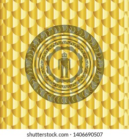 robot icon inside shiny golden badge. Scales pattern. Vector Illustration. Detailed.