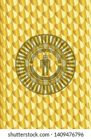 robot icon inside shiny golden emblem. Scales pattern. Vector Illustration. Detailed.