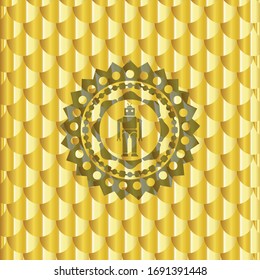 robot icon inside shiny golden badge. Scales pattern. Vector Illustration. Detailed.