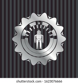 robot icon inside silver emblem or badge