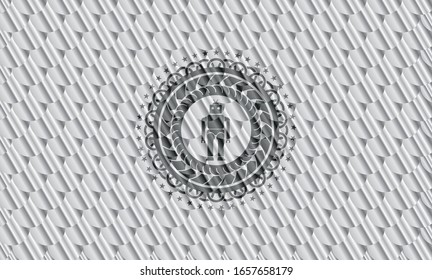 robot icon inside silver shiny badge. Scales pattern. Vector Illustration. Detailed.