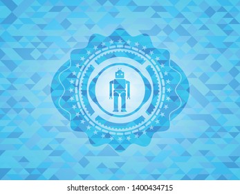 robot icon inside sky blue emblem with mosaic background