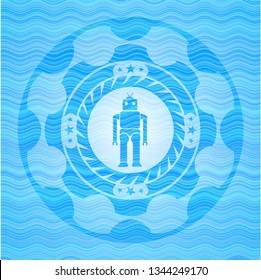 robot icon inside water wave badge background.