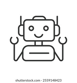 Robot, icon in line design. Robot, android, machine, AI, automation, technology, humanoid on white background vector. Robot, icon in line design editable stroke icon