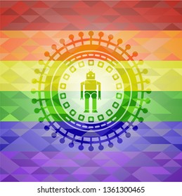 robot icon on mosaic background with the colors of the LGBT flag