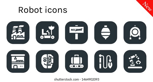 robot icon set. 10 filled robot icons.  Collection Of - Industry, Moon rover, War, Spinning top, Toy, Claw machine, Cyborg, Conveyor, Robot