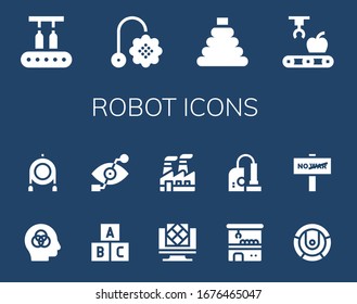 robot icon set. 14 filled robot icons. Included Conveyor, Toy, Mechanical arm, Intelligence, Bionic eye, Artificial intelligence, Industry, Claw machine, Vacuum, Robot, War icons