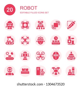 robot icon set. Collection of 20 filled robot icons included Robot, Drone, Hidrive, d printing pen, arm, Engineering, Conveyor, Toy, Science fiction, Artificial intelligence