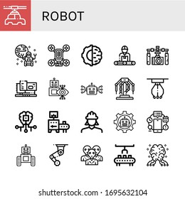 robot icon set. Collection of Manufacturer, Rover, Drone, Artificial intelligence, Engineer, Gimbal, Machinery, Robot, Robotics, Claw machine, Conveyor, Automation, Alien icons