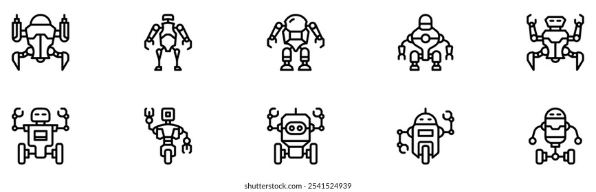 Conjunto de ícones robôs. Coleção de ícones de linha de robôs. Logotipo do ícone do robô. Ilustração de vetor. EPS 10