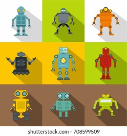 Robot icon set. Flat style set of 9 robot vector icons for web design