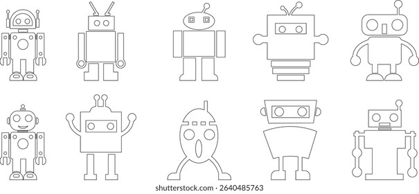 Robot Icon set, icons in vibrant and outline styles, showcasing playful designs, ideal for technology, and futuristic projects. Digital artificial intelligence chatbot, friendly Electric cyborg agent