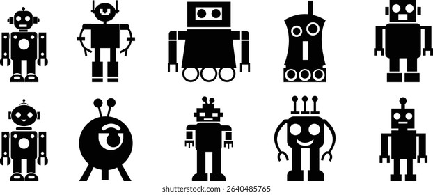 Robot Icon set, icons in vibrant and outline styles, showcasing playful designs, ideal for technology, and futuristic projects. Digital artificial intelligence chatbot, friendly Electric cyborg agent