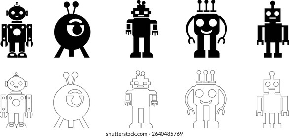 Robot Icon set, icons in vibrant and outline styles, showcasing playful designs, ideal for technology, and futuristic projects. Digital artificial intelligence chatbot, friendly Electric cyborg agent