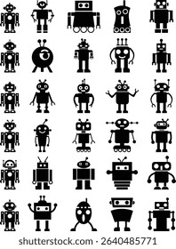 Robot Icon set, icons in vibrant and outline styles, showcasing playful designs, ideal for technology, and futuristic projects. Digital artificial intelligence chatbot, friendly Electric cyborg agent
