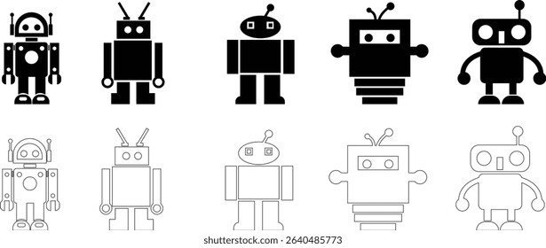 Robot Icon set, icons in vibrant and outline styles, showcasing playful designs, ideal for technology, and futuristic projects. Digital artificial intelligence chatbot, friendly Electric cyborg agent