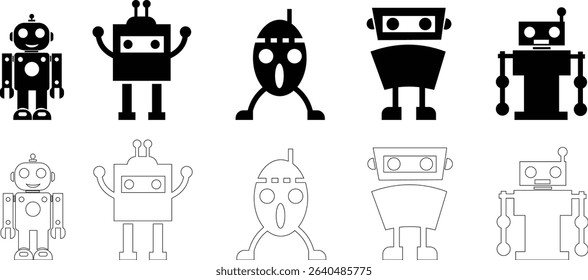 Robot Icon set, icons in vibrant and outline styles, showcasing playful designs, ideal for technology, and futuristic projects. Digital artificial intelligence chatbot, friendly Electric cyborg agent