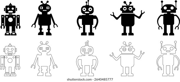 Robot Icon set, icons in vibrant and outline styles, showcasing playful designs, ideal for technology, and futuristic projects. Digital artificial intelligence chatbot, friendly Electric cyborg agent