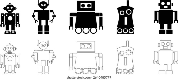 Robot Icon set, icons in vibrant and outline styles, showcasing playful designs, ideal for technology, and futuristic projects. Digital artificial intelligence chatbot, friendly Electric cyborg agent