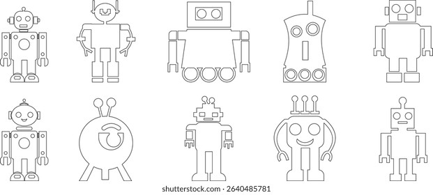 Robot Icon set, icons in vibrant and outline styles, showcasing playful designs, ideal for technology, and futuristic projects. Digital artificial intelligence chatbot, friendly Electric cyborg agent