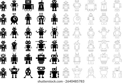 Robot Icon set, icons in vibrant and outline styles, showcasing playful designs, ideal for technology, and futuristic projects. Digital artificial intelligence chatbot, friendly Electric cyborg agent