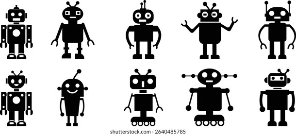 Robot Icon set, icons in vibrant and outline styles, showcasing playful designs, ideal for technology, and futuristic projects. Digital artificial intelligence chatbot, friendly Electric cyborg agent
