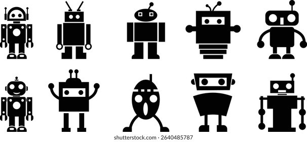 Robot Icon set, icons in vibrant and outline styles, showcasing playful designs, ideal for technology, and futuristic projects. Digital artificial intelligence chatbot, friendly Electric cyborg agent