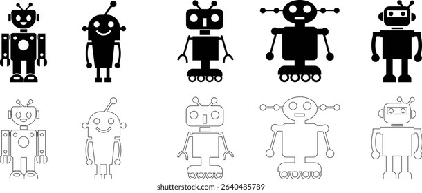 Robot Icon set, icons in vibrant and outline styles, showcasing playful designs, ideal for technology, and futuristic projects. Digital artificial intelligence chatbot, friendly Electric cyborg agent