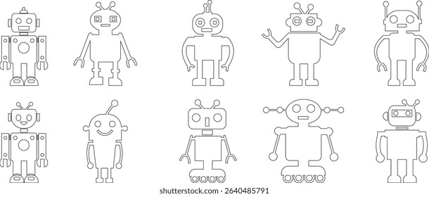 Robot Icon set, icons in vibrant and outline styles, showcasing playful designs, ideal for technology, and futuristic projects. Digital artificial intelligence chatbot, friendly Electric cyborg agent