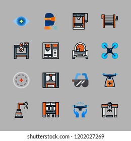 robot icon set. vector set about ar glasses, bionic contact lens, industrial robot and drone icons set.