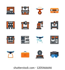 robot icon set. vector set about drone, industrial robot, drone case and ar glasses icons set.