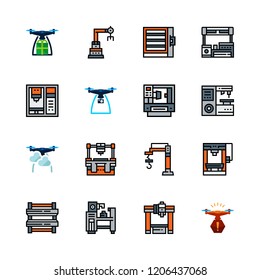 robot icon set. vector set about drone and industrial robot icons set.