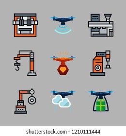 robot icon set. vector set about drone and industrial robot icons set.