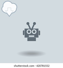 Robot icon with shadow. Cloud of download with arrow.