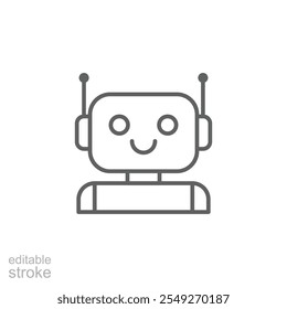 Robot icon. Simple outline style. Cute smiling bot, chatbot, ai, chat, voice, assistant, service, virtual, technology concept. Thin line symbol. Vector illustration isolated. Editable stroke.