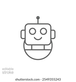Robot icon. Simple outline style. Cute smiling bot, chatbot, ai, chat, voice, assistant, service, virtual, technology concept. Thin line symbol. Vector illustration isolated. Editable stroke.