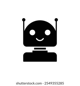 Robot icon. Simple solid style. Cute smiling bot, chatbot, ai, chat, voice, assistant, service, virtual, technology concept. Black silhouette, glyph symbol. Vector illustration isolated.