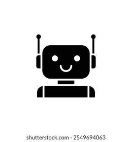 Robot icon. Simple solid style. Cute smiling bot, chatbot, ai, chat, voice, assistant, service, virtual, technology concept. Black silhouette, glyph symbol. Vector illustration isolated.