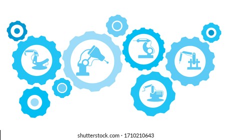 Robot, icono, equipo azul tecnológico. Fondo abstracto con engranajes e iconos conectados para logística, servicio, envío, distribución, transporte, mercado, comunicación conceptos