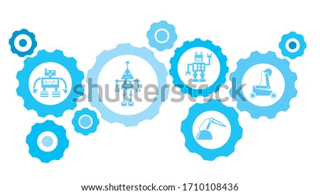 Robot, icon, technology blue gear set. Abstract background with connected gears and icons for logistic, service, shipping, distribution, transport, market, communicate concepts