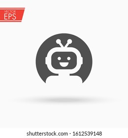 Robot icon. Technology character vector illustration. Cartoon robotic machine design. Cyborg sign. Future concept. Computer communication symbol. Bot suppot virtual talk elctronic cinversation logo.