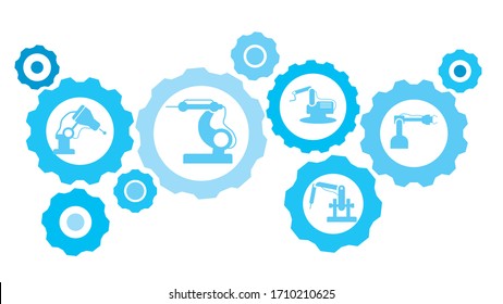 Robot, icon, technology, industry, factory blue gear set. Abstract background with connected gears and icons for logistic, service, shipping, distribution, transport, market, communicate concepts