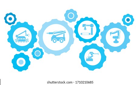 Robot, icono, tecnología, industria, equipo azul de fábrica. Fondo abstracto con engranajes e iconos conectados para logística, servicio, envío, distribución, transporte, mercado, comunicación conceptos