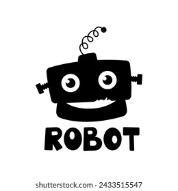 Robot icon. Text, word, lettering. Black silhouette. Front view. Vector simple flat graphic hand drawn illustration. Isolated object on a white background. Isolate.