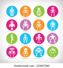 robot icons, colorful circle buttons set