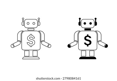 Robot icons with dollar sign on chest line art and solid style